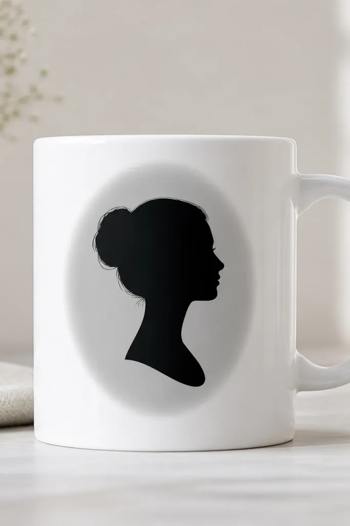 A white mug with a black silhouette profile centered on the front. A soft gray shadow halo sits behind the silhouette, with a clean edge and no visible brush strokes.