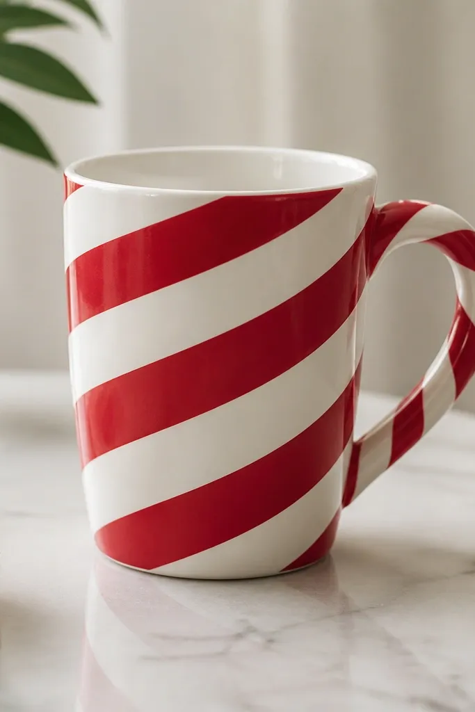 A white mug with a red twist pattern that wraps around the body and aligns visually with the handle. The red stripes alternate with white, creating a spiral like a candy cane.