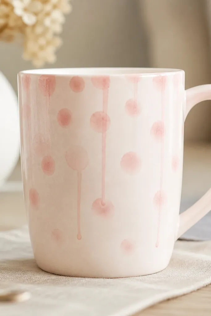 A pale blush mug design with scattered soft dots and a few controlled drips. The dots fade at their edges like watercolor, and the drips stop cleanly before the bottom rim.