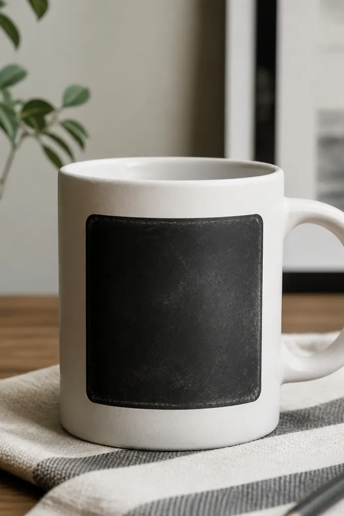 A mug with a matte black rectangle label centered on the front. Inside it, hand-lettered white text reads like chalk, with tiny smudges and uneven letter edges.