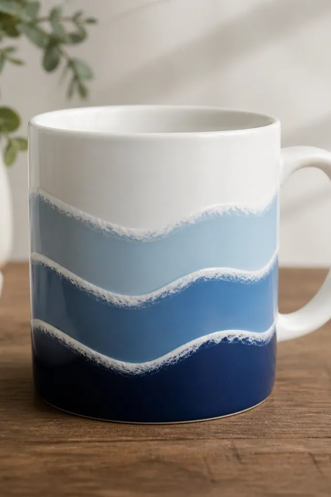 A white mug with three stacked wave bands in varying blues. Each wave line has a thin white foam edge along the top crest, with the bands curving around the mug.
