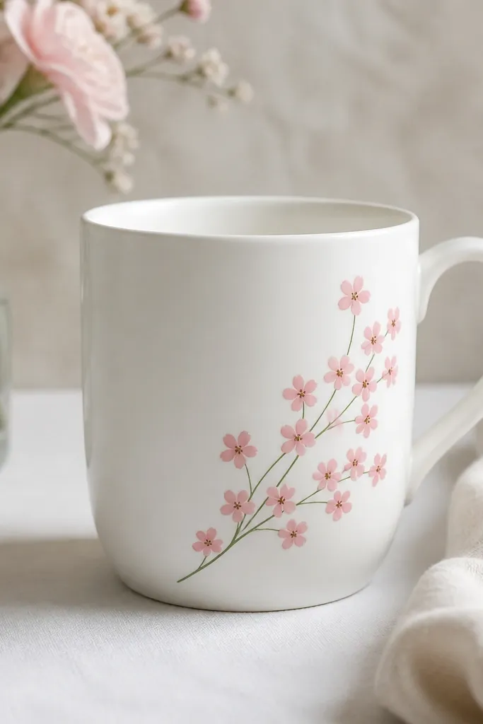 A white mug with small pink flower sprigs clustered on one side. Each flower has simple rounded petals and a tiny darker dot center, with a thin green stem line.