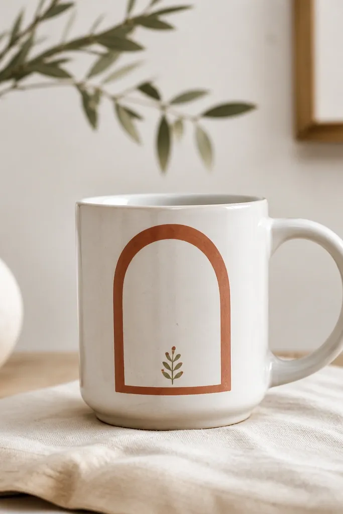 A mug with a terracotta arch frame centered on the front. Inside the arch is left mostly white, with just a small sprig or dot cluster at the bottom.