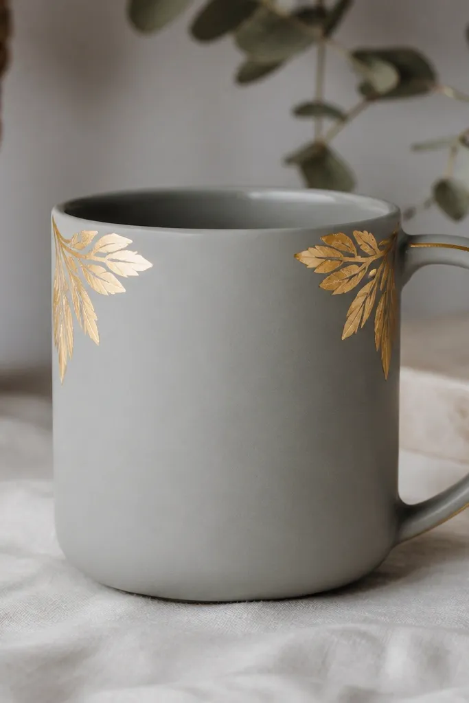A matte light gray mug with gold leaf-style corner accents: two diagonal gold flourishes at the top corners and a thin gold line near the handle.