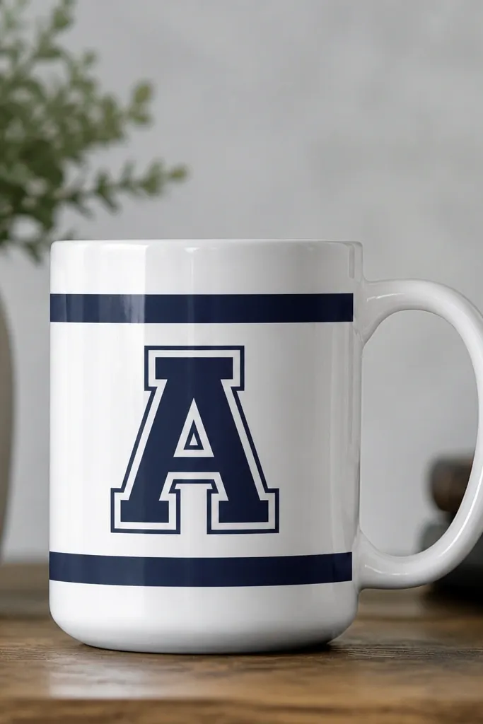 A white mug with two navy horizontal bands. Between them is a large single-letter monogram in navy with a crisp white outline, centered on the front.