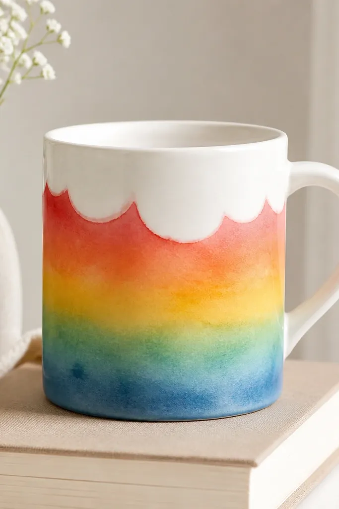 A white mug with a soft rainbow wash across the middle: red, orange, yellow, green, and blue blended like watercolor. A white cloud shape sits above the rainbow, slightly covering the top edge.