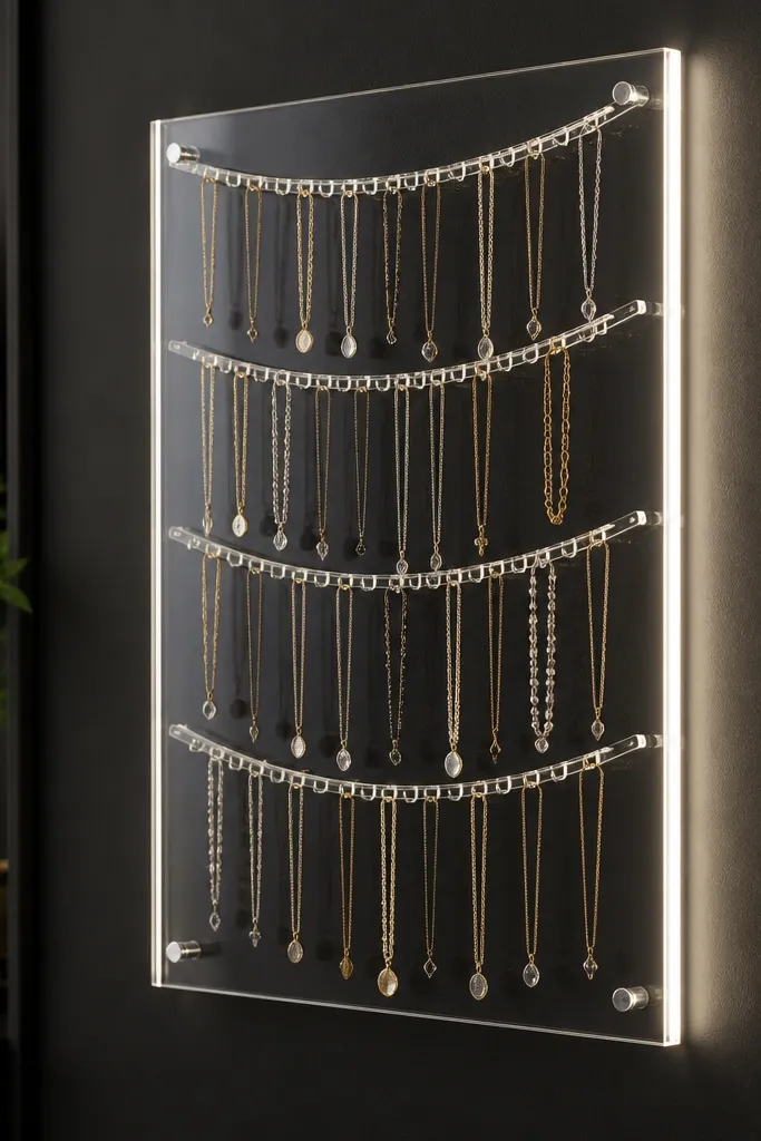A wall-mounted clear acrylic organizer with five curved rows of hooks. A white LED strip sits along the side edge, creating a gentle glow through the clear panel. The background behind the acrylic is matte black, making the necklaces pop.