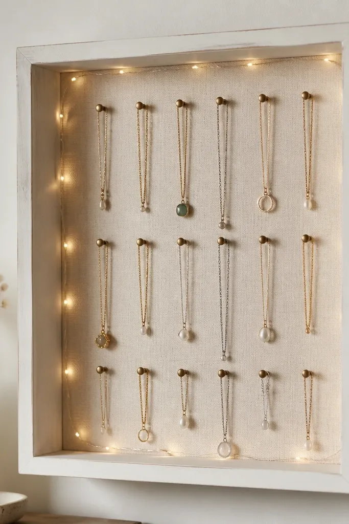 A small shiplap shadow box on the wall with a fabric backing in cream. Warm string lights loop around the inside perimeter. Inside, necklaces hang from miniature brass nails arranged in a tidy grid.