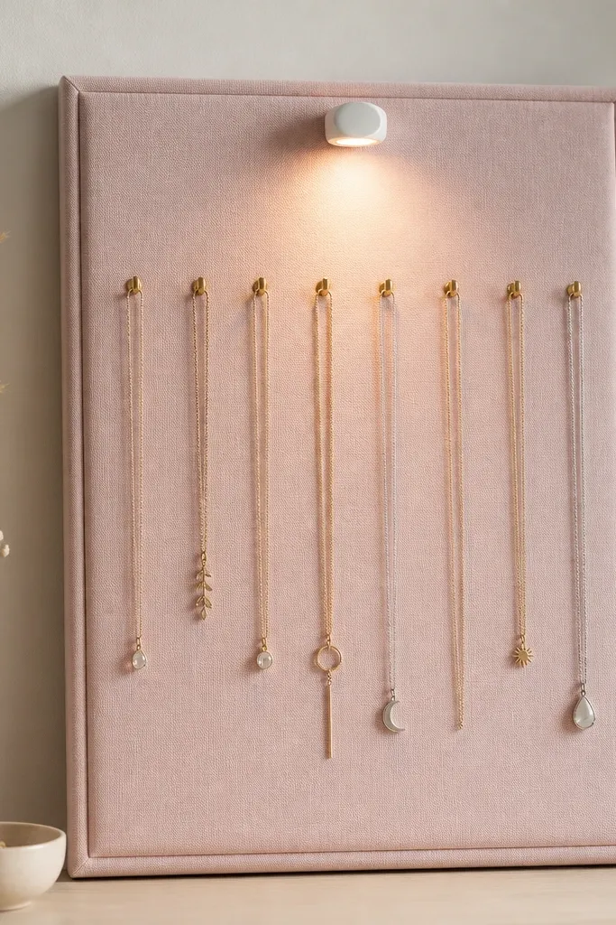 A lightweight board covered in blush pink fabric, pinned to a simple frame. A small battery LED puck light sits at the top center, shining down onto a row of hooks. Several delicate necklaces hang, and the board edges look neatly wrapped.