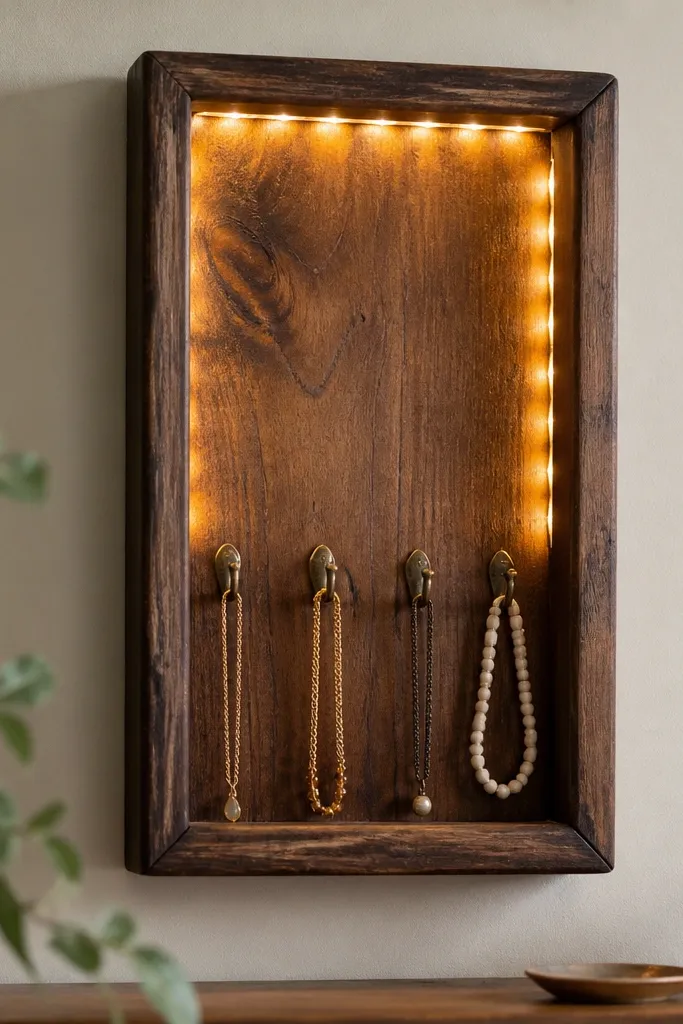 An old wooden drawer front mounted vertically like a sign. Small brass knobs have been replaced with cup hooks. Inside the drawer frame, warm white LEDs run along the top and sides. The wood has a worn walnut finish.