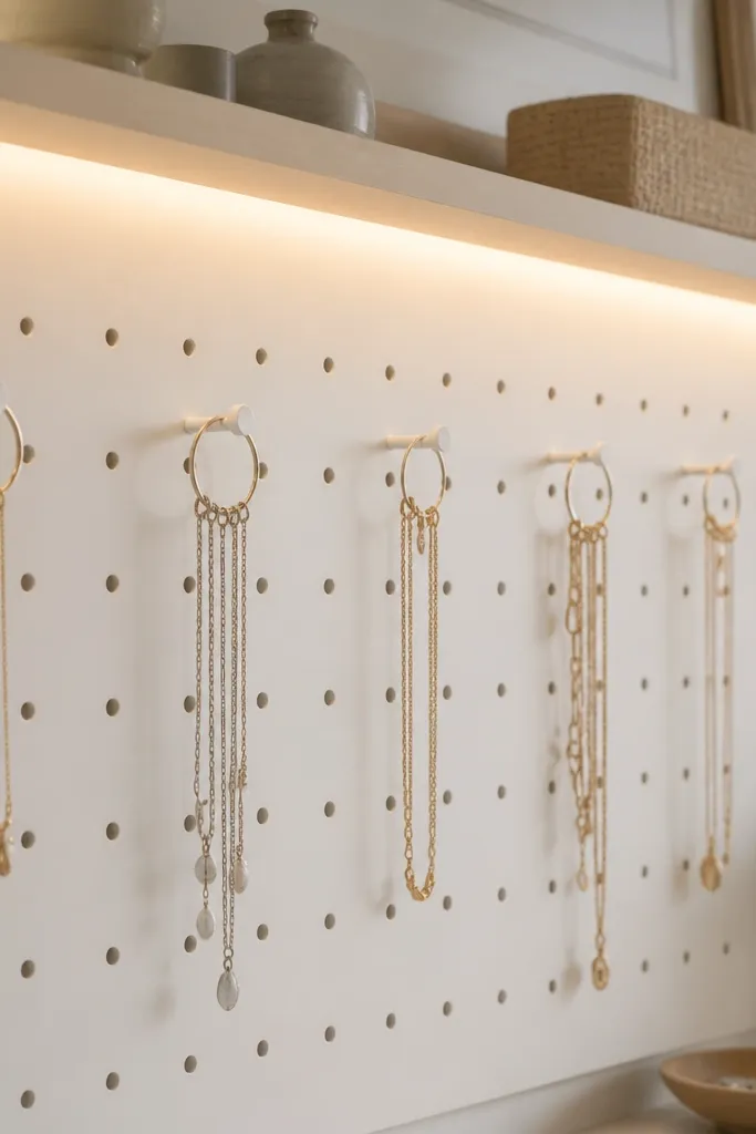 A white pegboard mounted on a wall with a grid of hooks. A warm LED strip runs along the underside of a shelf ledge. Some necklaces hang from small rotating rings that spin freely.