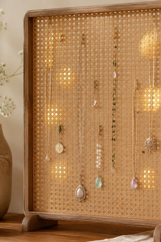 A rattan panel mounted on a stand, with small hooks attached through the weave. Lantern-shaped warm string lights are clipped along the back. The necklaces hang in airy spacing, with pendants catching the light.