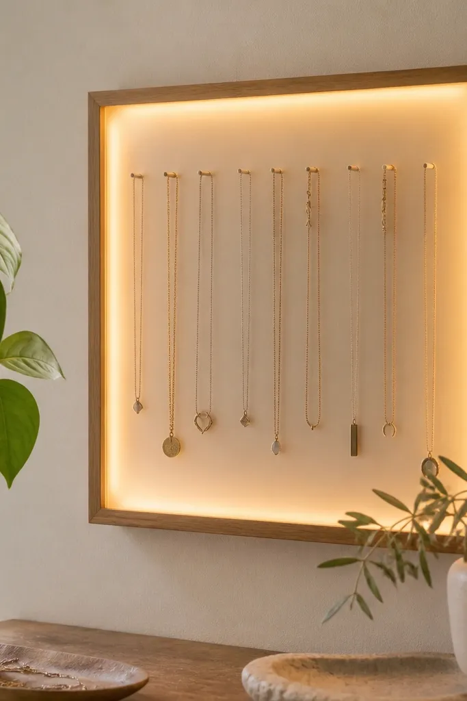 A rectangular wood frame with a frosted plastic sheet behind hook points. A warm LED strip runs behind the frosted layer. Necklaces hang from small hooks attached to a backing board inside the frame.