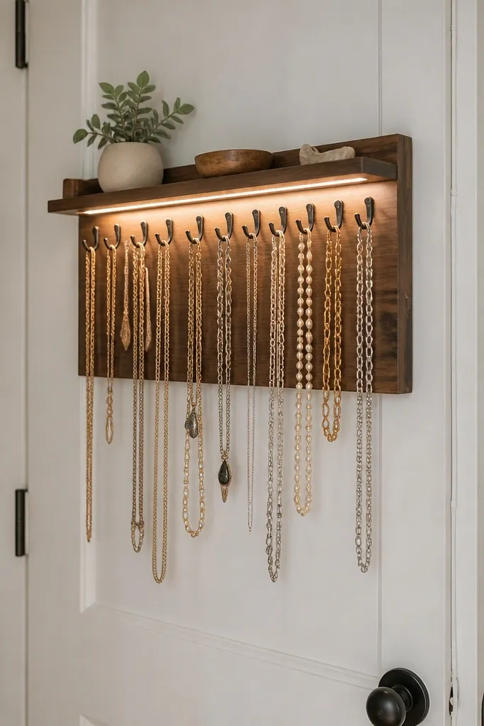 A necklace organizer mounted on the inside of a closet door. A narrow shelf runs across the top with an under-shelf LED strip. Cup hooks hang from a wood backing board, and the wire is routed neatly along the door edge.
