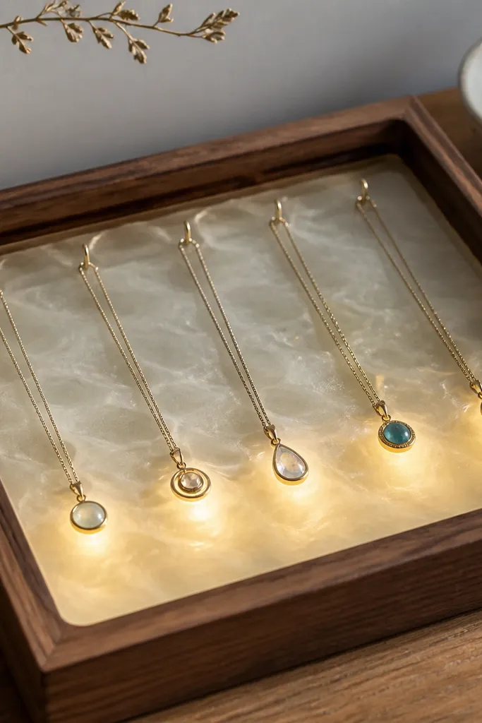 A shallow resin tray inset into a wooden frame. LEDs run under the resin so the tray bottom glows softly. Small pocket hooks sit above the glow, and necklaces hang with pendants centered over glowing spots.