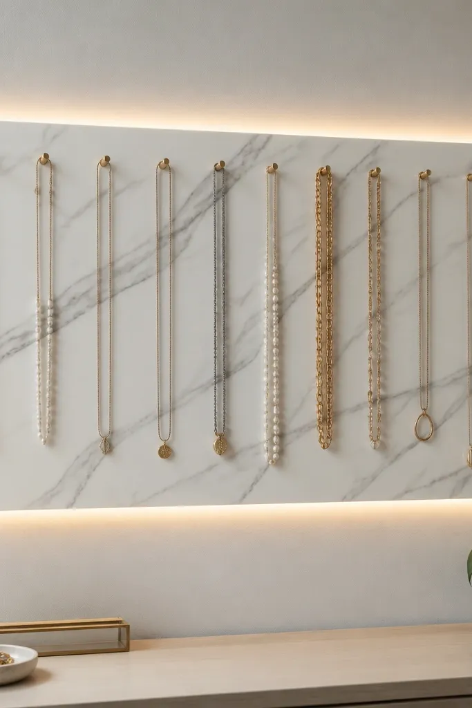 A board covered in marble contact paper in white with gray veining. A warm LED rope light runs around the perimeter behind the hooks. Necklaces hang from evenly spaced hooks, and the marble pattern makes the display feel upscale.
