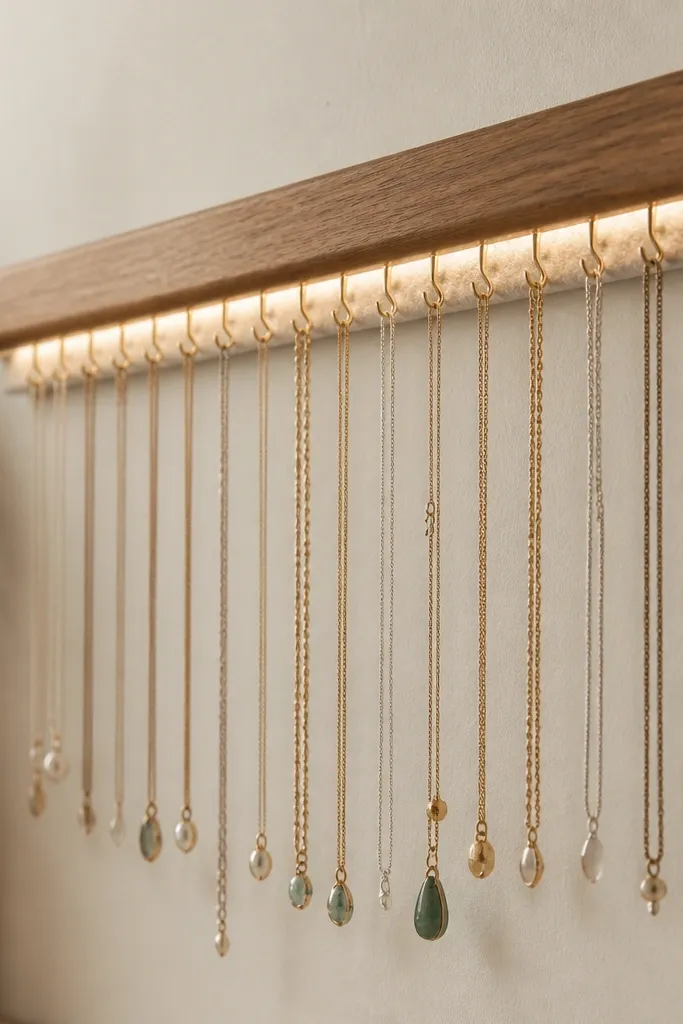 A horizontal wooden rail mounted on the wall with felt lining underneath. Micro LED strip lights run along the rail underside. Tiny hooks and loops hold necklaces, and the felt looks soft and clean.