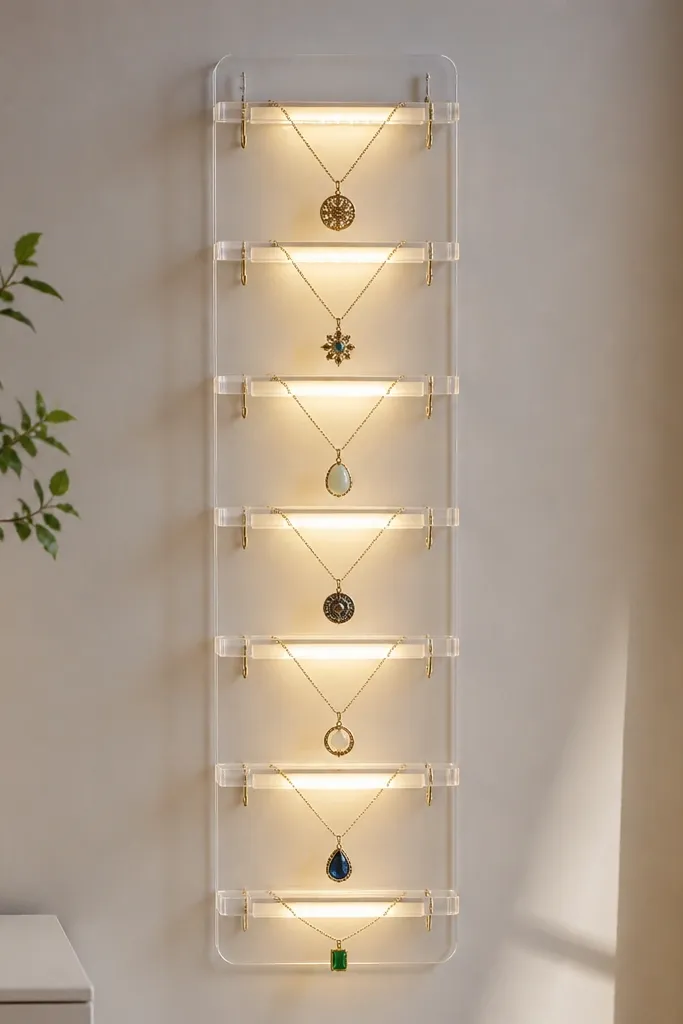 A clear acrylic ladder-like rack mounted on the wall. Each rung has a tiny LED step light under it. Necklaces hang from hooks on each rung, with pendants centered on the glowing steps.