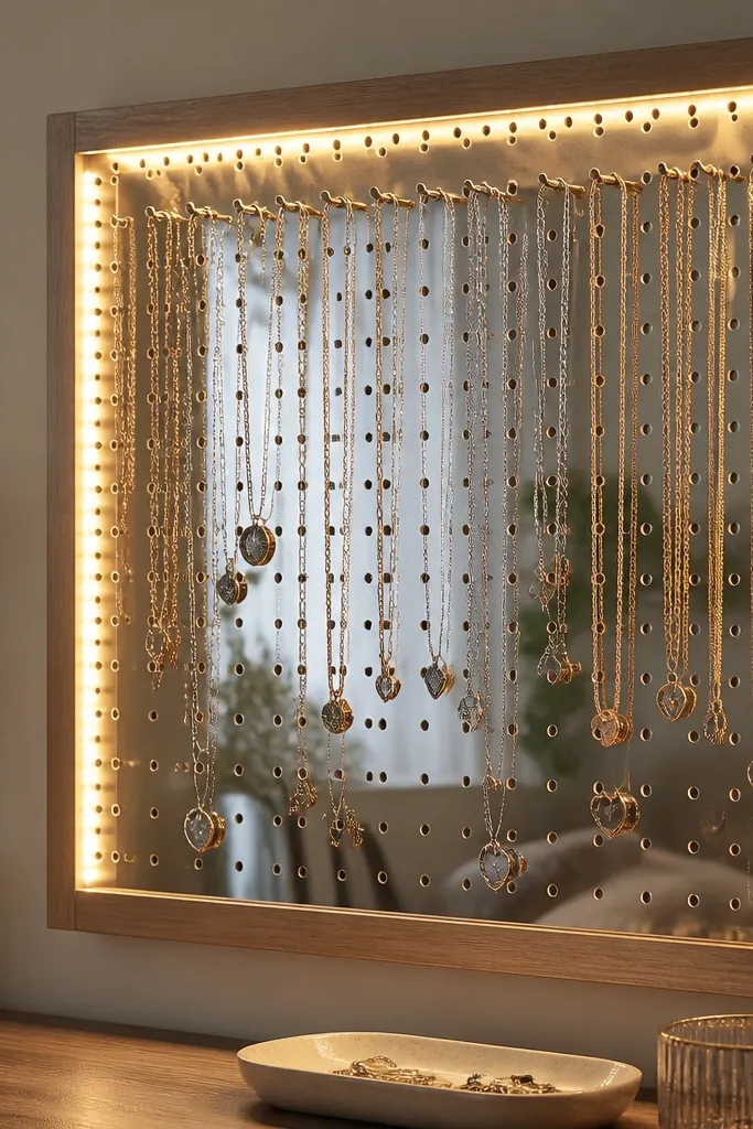 A pegboard organizer with a mirrored backing behind the hooks. Warm LED strip lights run across the top and down the sides. Necklaces hang in rows, and the mirror makes the jewelry look doubled.