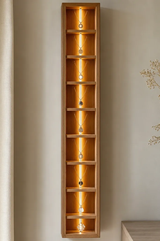 A tall wooden vertical organizer with narrow compartments like book shelves. A warm LED strip runs down the back center like a spine. Each compartment has hooks for one necklace, and the front has a simple open frame.