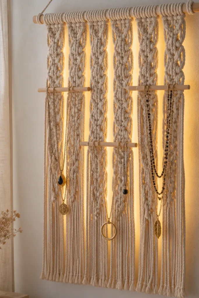 A macrame wall hanging with thick rope knots arranged in vertical lines. A warm LED strip is taped behind the macrame so light leaks through the rope gaps. Necklaces hang from small wooden dowels attached to the macrame.