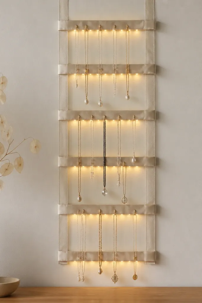 A vertical ladder made from stitched satin ribbons on a canvas backing. Small clip-on LED lights are attached behind the ribbon rungs. Necklaces hang from tiny clips on each rung, and the ribbons are spaced evenly.