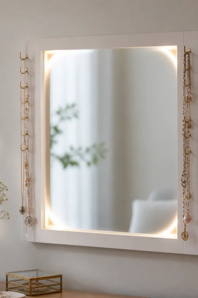 A small wall mirror framed in white wood with corner LED strips. Cup hooks sit along the sides of the mirror frame, and necklaces hang neatly around the mirror. The LEDs glow softly in the corners.