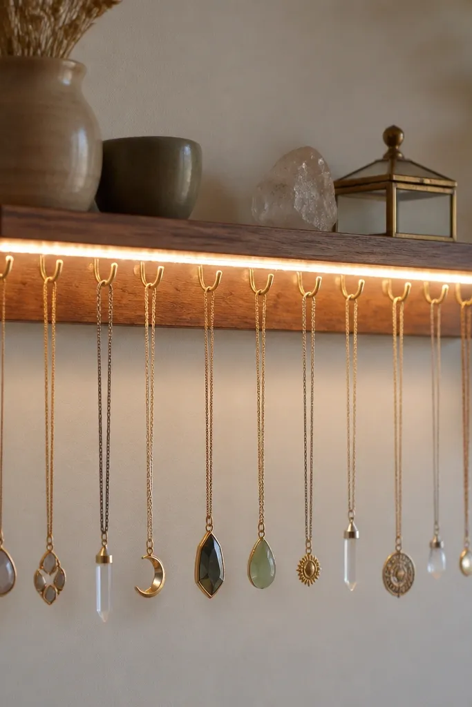 A floating wall shelf with a row of small cup hooks hanging down from a plank. An LED strip runs under the shelf, lighting the hooks from above. Multiple necklaces hang in separate cups, with pendants resting above the shelf lip.