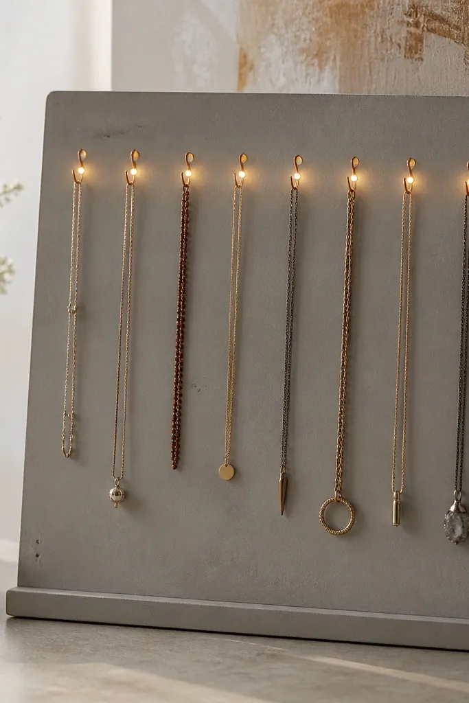 A board painted concrete-gray with small copper cup hooks. Warm LED dot lights are placed behind each hook so each necklace has a tiny glowing circle. The board sits on a countertop stand.