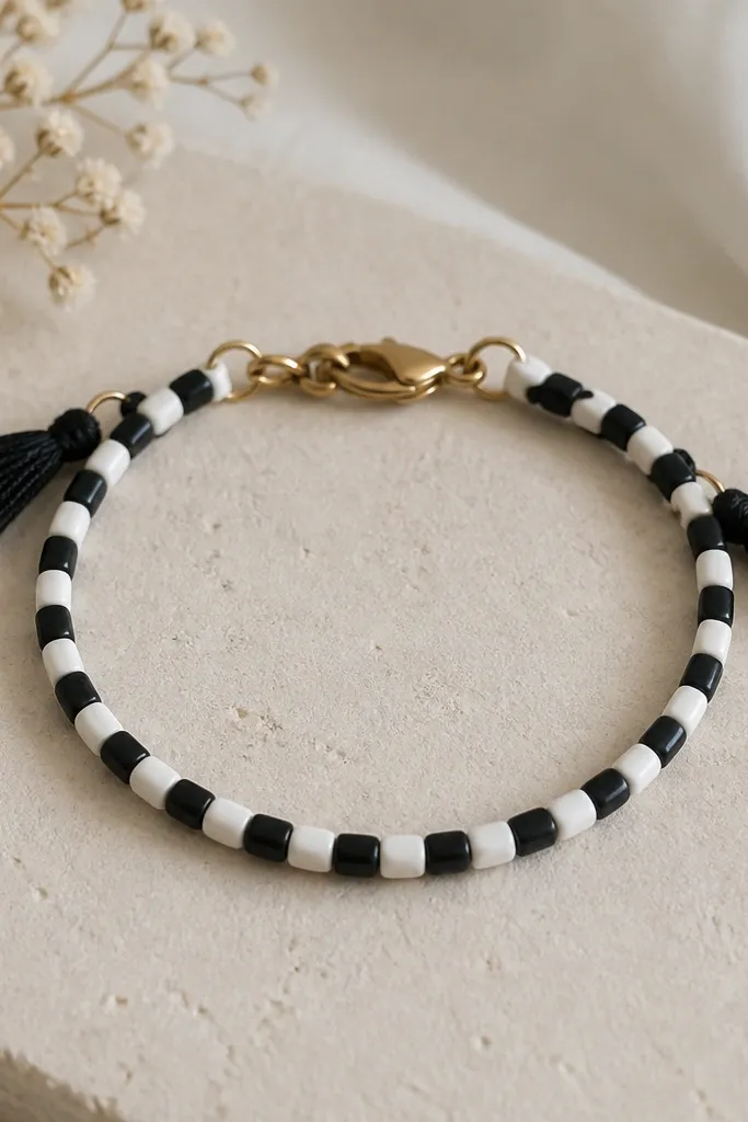 A bracelet with alternating black and white clay beads arranged like a checker strip. At both ends there are tiny tassels made from black thread and a small metal ring connecting to the clasp.