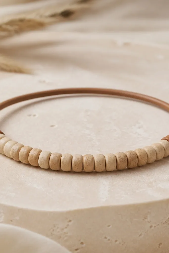 A neutral beige clay bead bracelet with two short wrap sections at each end that look like leather. The bead row is centered and tidy.