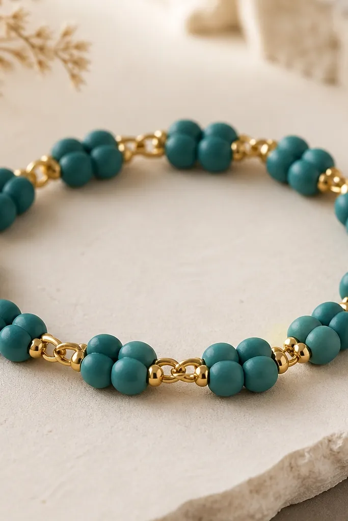Teal clay beads connected by small gold link-like separators between bead groups. The bracelet has a structured, repeating pattern.