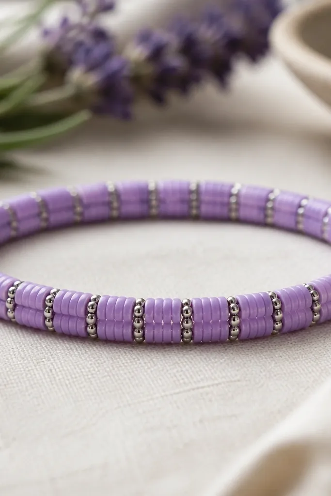 A bracelet featuring lavender clay beads with thin silver-toned spacer beads forming two narrow stripes along the length. The silver repeats evenly.