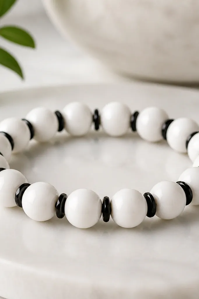 A glossy white clay bead bracelet with tiny black rondelle beads between larger white beads. The black pieces catch light at the edges.