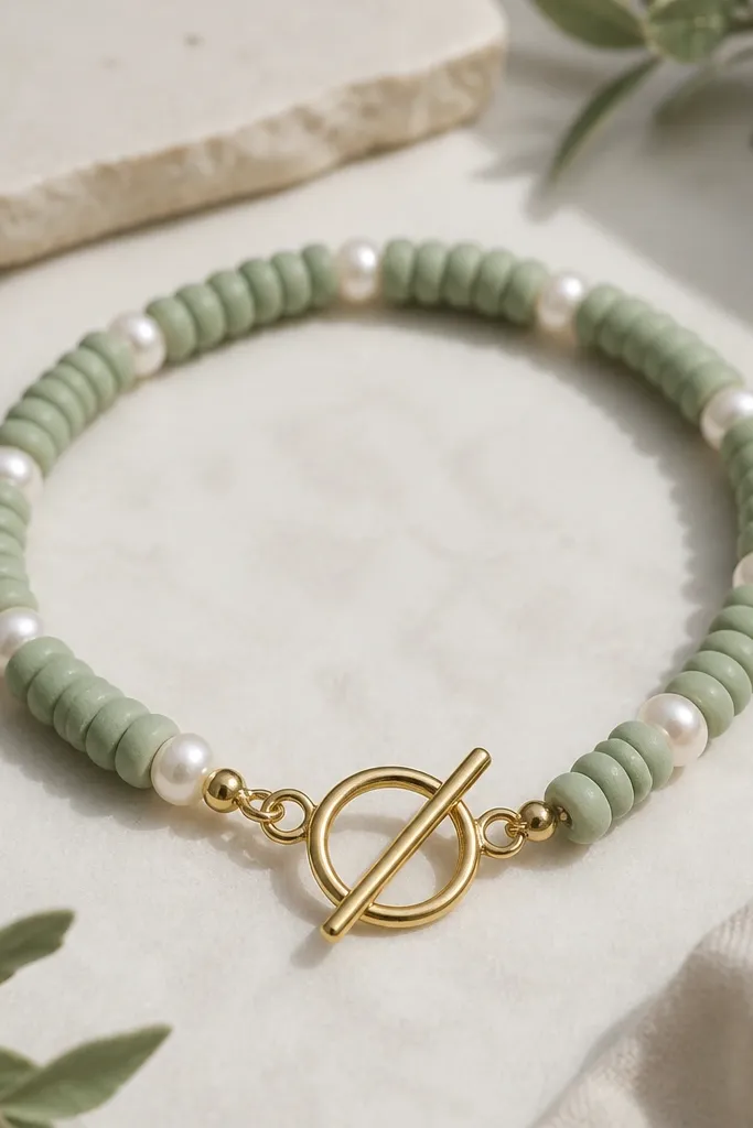 A sage green clay bead bracelet with small white pearl-like beads mixed in. A gold toggle clasp sits at the front end.