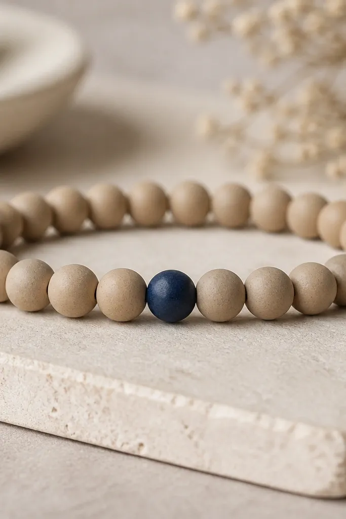 A bracelet with neutral tan clay beads and one navy accent bead shaped like a letter or dot in the center. The rest of the bracelet is uniform and calm.