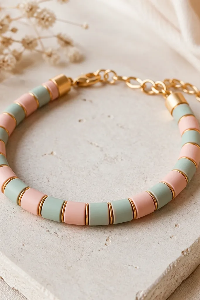 Matte pastel clay beads with a gold edge effect look like they have a thin metallic rim. The bracelet alternates two pastel colors and has gold hardware at the ends.