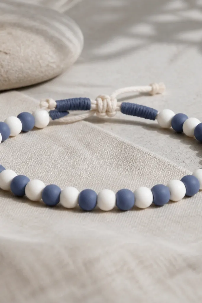 A bracelet alternating white clay beads and denim-blue clay beads. The ends have a denim-blue thread wrap around the knot area, giving a fabric finish.