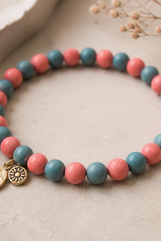 A bracelet alternating teal and coral clay beads. Two tiny charms hang near one end, resting flat against the beads.