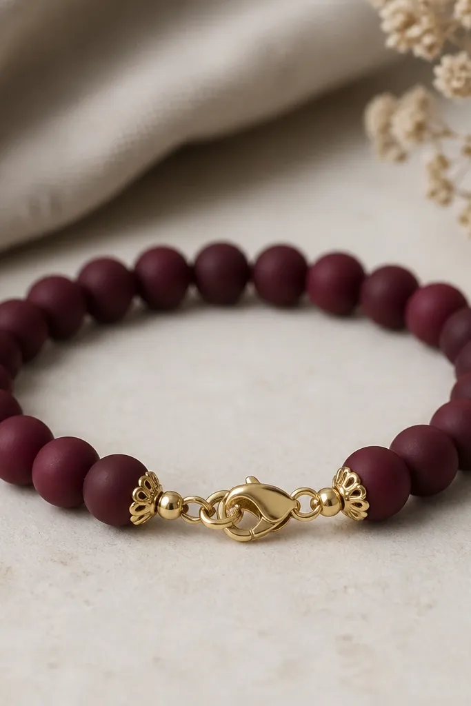 A bracelet made from matte burgundy clay beads with small gold bead caps at both ends. The caps frame the closure neatly.