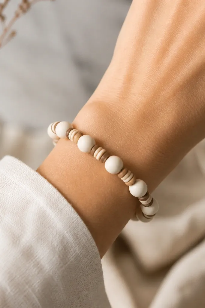 A bracelet with alternating 10mm clay beads and smaller 6mm beads that form thin stripes. The colors repeat in a clean pattern across the wrist.