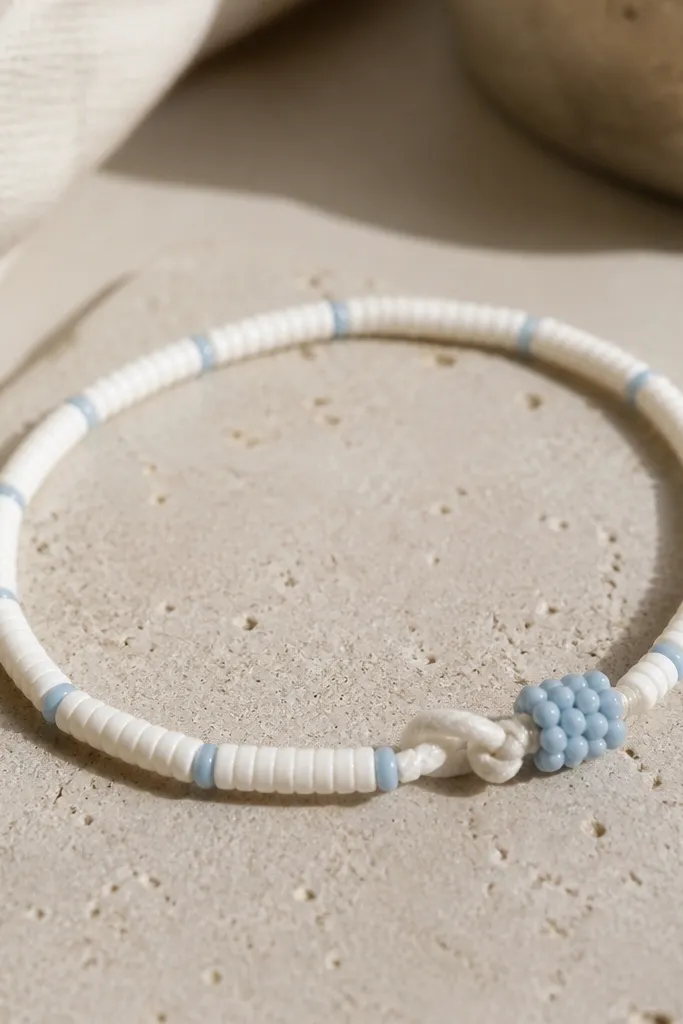 A bracelet where mostly white clay beads are interrupted by tiny light blue micro beads that look like rivets. The closure area has a knot covered by a small cluster bead cap.