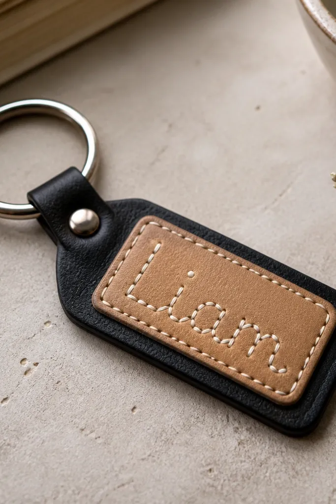 A small black leatherette keychain with a tan stitched rectangle tag hanging from a metal split ring; the tag has neat off-white hand stitching forming a simple name outline.