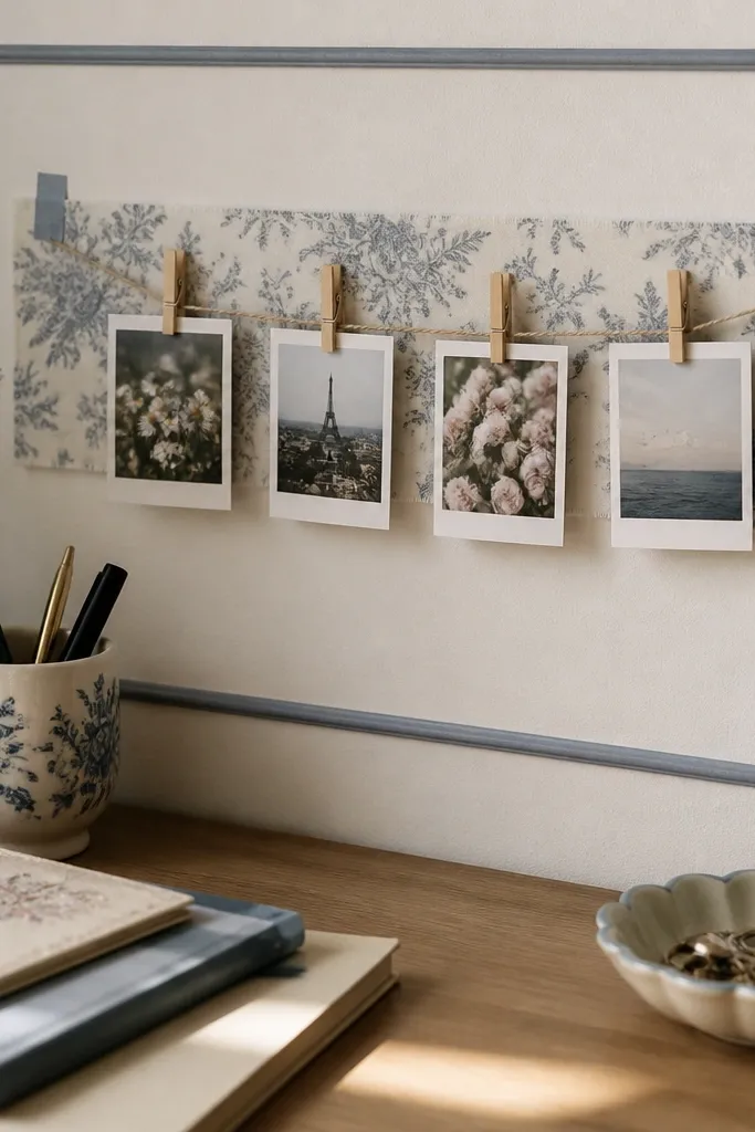 A desk corner with a small horizontal clothespin line holding 4 mini photo cards; behind it is a strip of patterned fabric taped neatly to a light wall with a thin matching frame border.