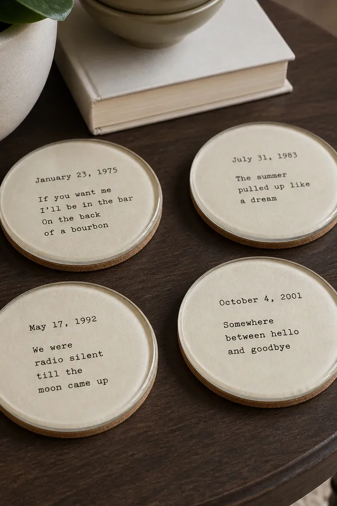 Four round coasters on a coffee table; each has a different lyric date typed in black on cream paper, sealed under clear resin or laminate, with a soft cork backing visible.