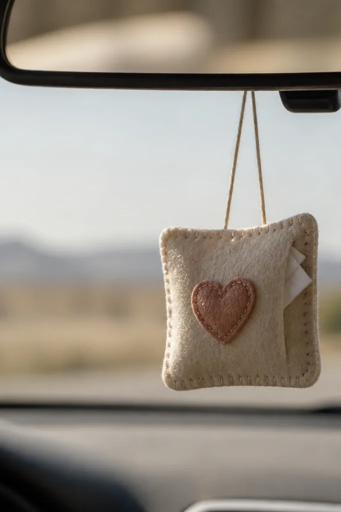A small felt pouch charm hanging from a rearview mirror; it has a stitched heart and an opening on the back with a tiny folded note peeking out slightly.