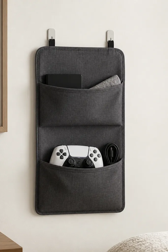 A vertical fabric organizer panel with two pockets; it hangs on a wall using removable hooks, and a controller sits neatly in the lower pocket with charging cable tucked in.