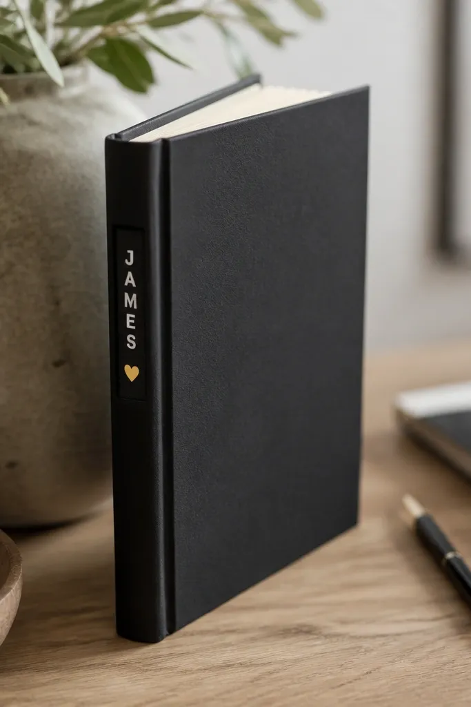 A black notebook with a narrow vinyl strip label on the spine; the label shows his name in white block letters with a small gold heart icon.