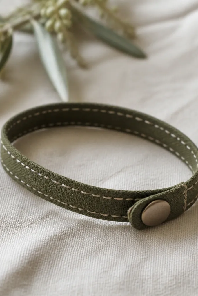 A slim fabric bracelet in dark olive with light stitching and a small metal snap at the end; no tools are visible, just neat hand-sewn loops and a clean edge finish.