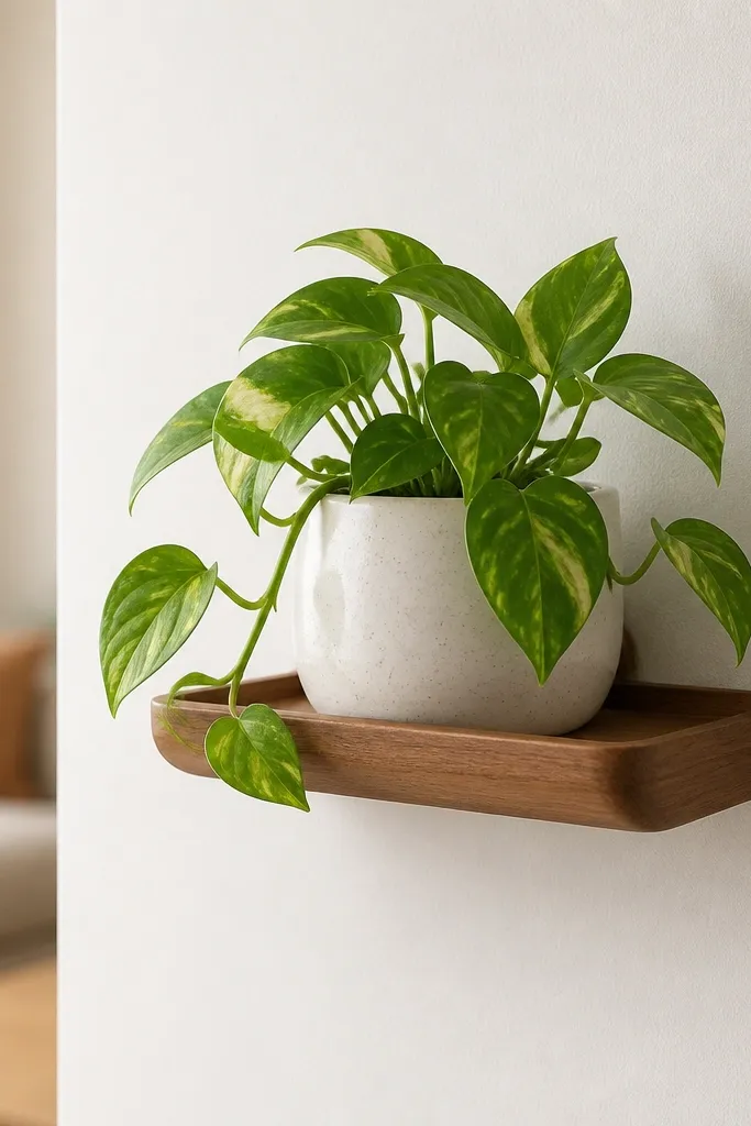 A tiny floating shelf holding a small pothos in a ceramic pot; the shelf is mounted with strong adhesive pads and the mounting points are hidden behind the shelf lip.